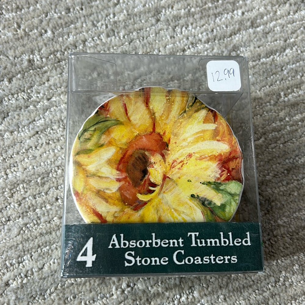 4 Tumbled Stone Coaster Yellow Flower Set
